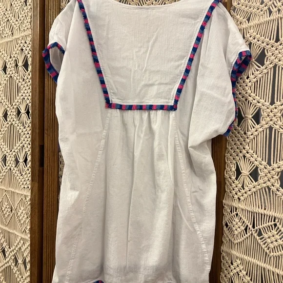 J. Crew White Tunic Gauze Beach Cover Up with Pink and Blue Fringe Trim - Picture 7 of 11